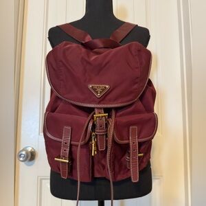 Prada Maroon Nylon Backpack with Gold Accents